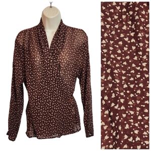 Vintage Ann Tjian For Kenar Silk Floral Wrap Sheer Blouse Top Brown/Beige Small